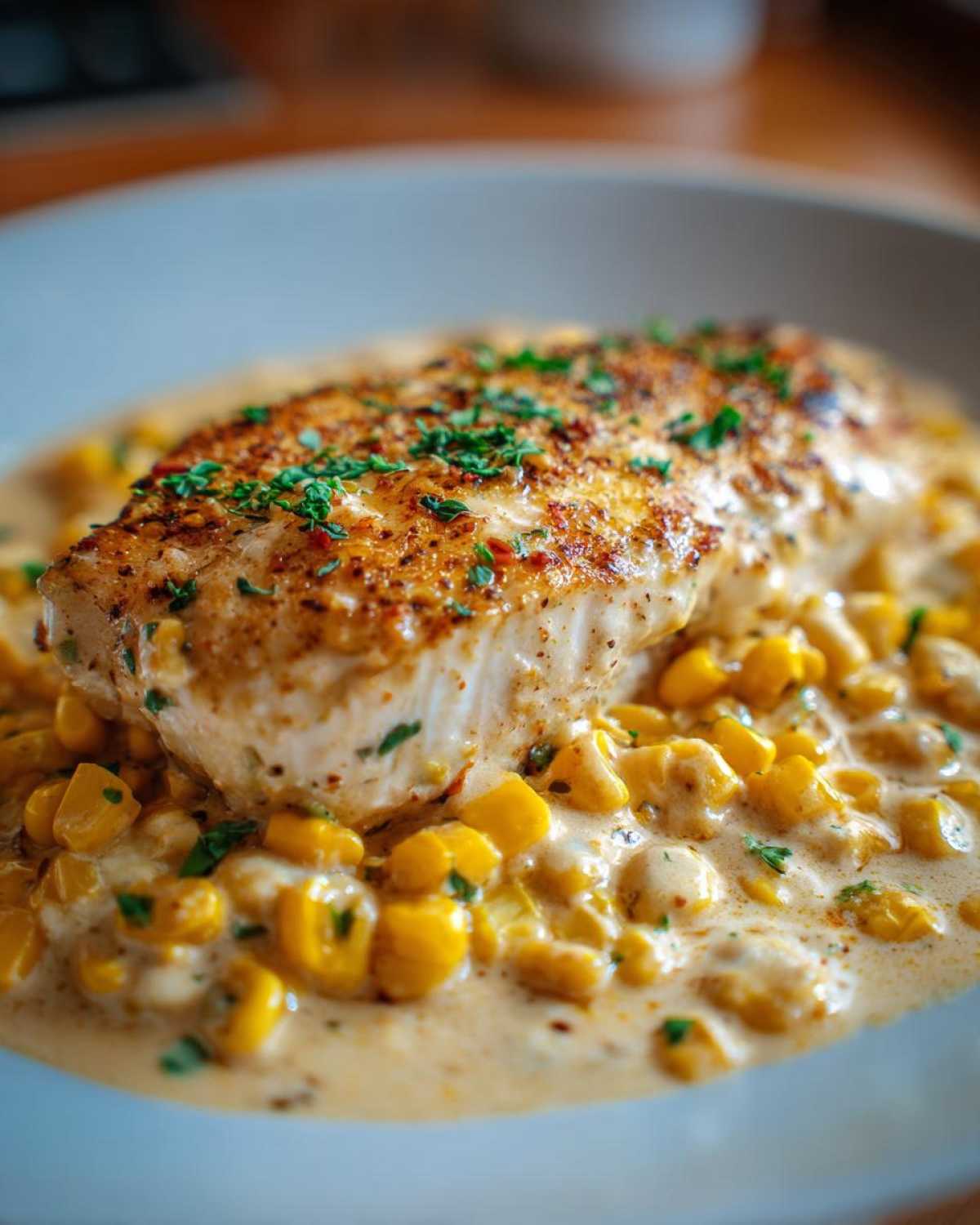 A perfectly cooked fillet of One-Pan Creamy Cajun Catfish with Corn in a rich sauce.