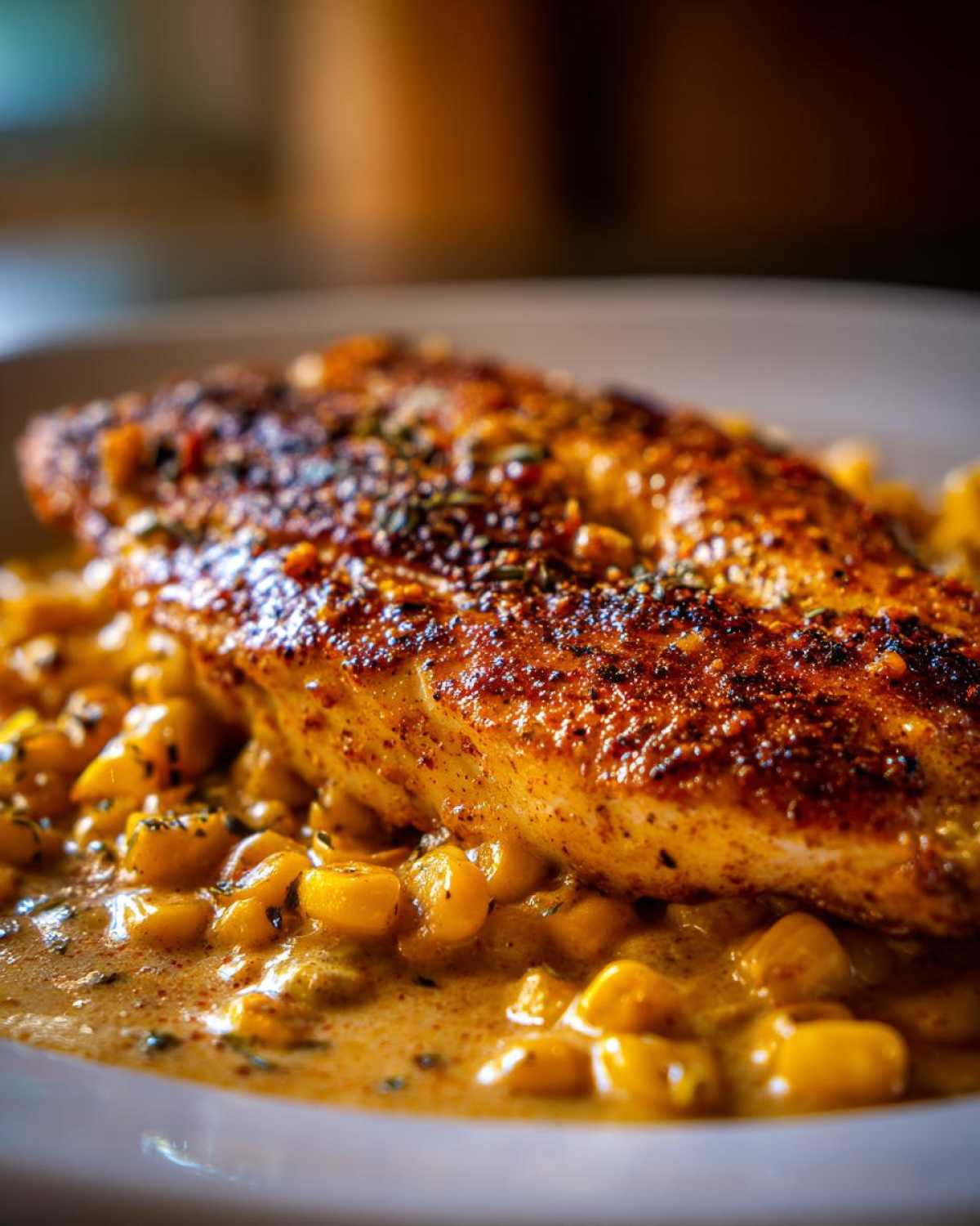 Close-up of a perfectly seasoned and seared fillet of One-Pan Creamy Cajun Catfish with Corn.