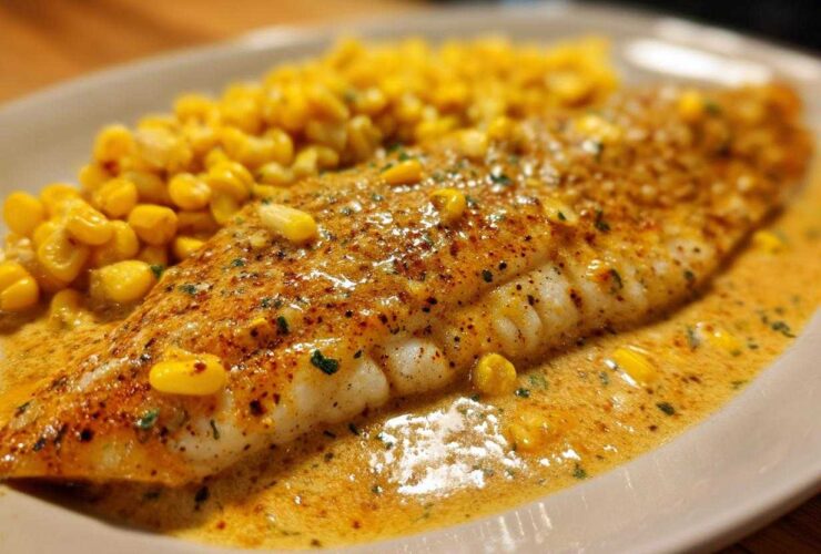 Close-up of a perfectly cooked fillet of One-Pan Creamy Cajun Catfish with Corn in a rich sauce.