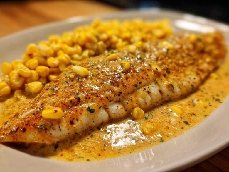 Close-up of a perfectly cooked fillet of One-Pan Creamy Cajun Catfish with Corn in a rich sauce.