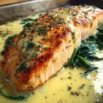 A perfectly cooked fillet of One-Pan Creamy Garlic Butter Salmon resting on wilted spinach in a rich, yellow garlic butter sauce.