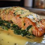 Close-up of One-Pan Creamy Garlic Butter Salmon resting on wilted spinach, covered in rich sauce.