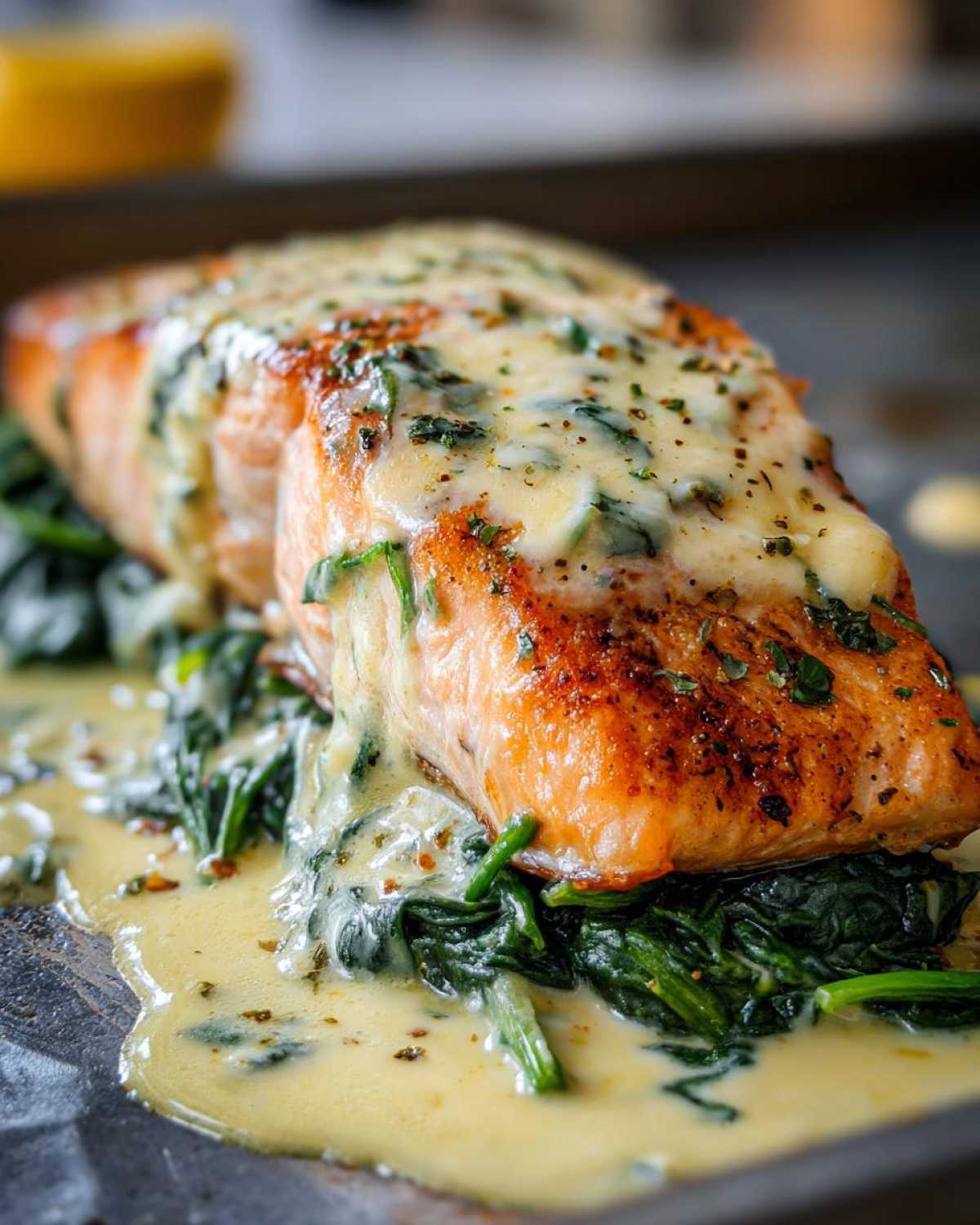 Close-up of One-Pan Creamy Garlic Butter Salmon with Spinach, topped with melted cheese sauce.