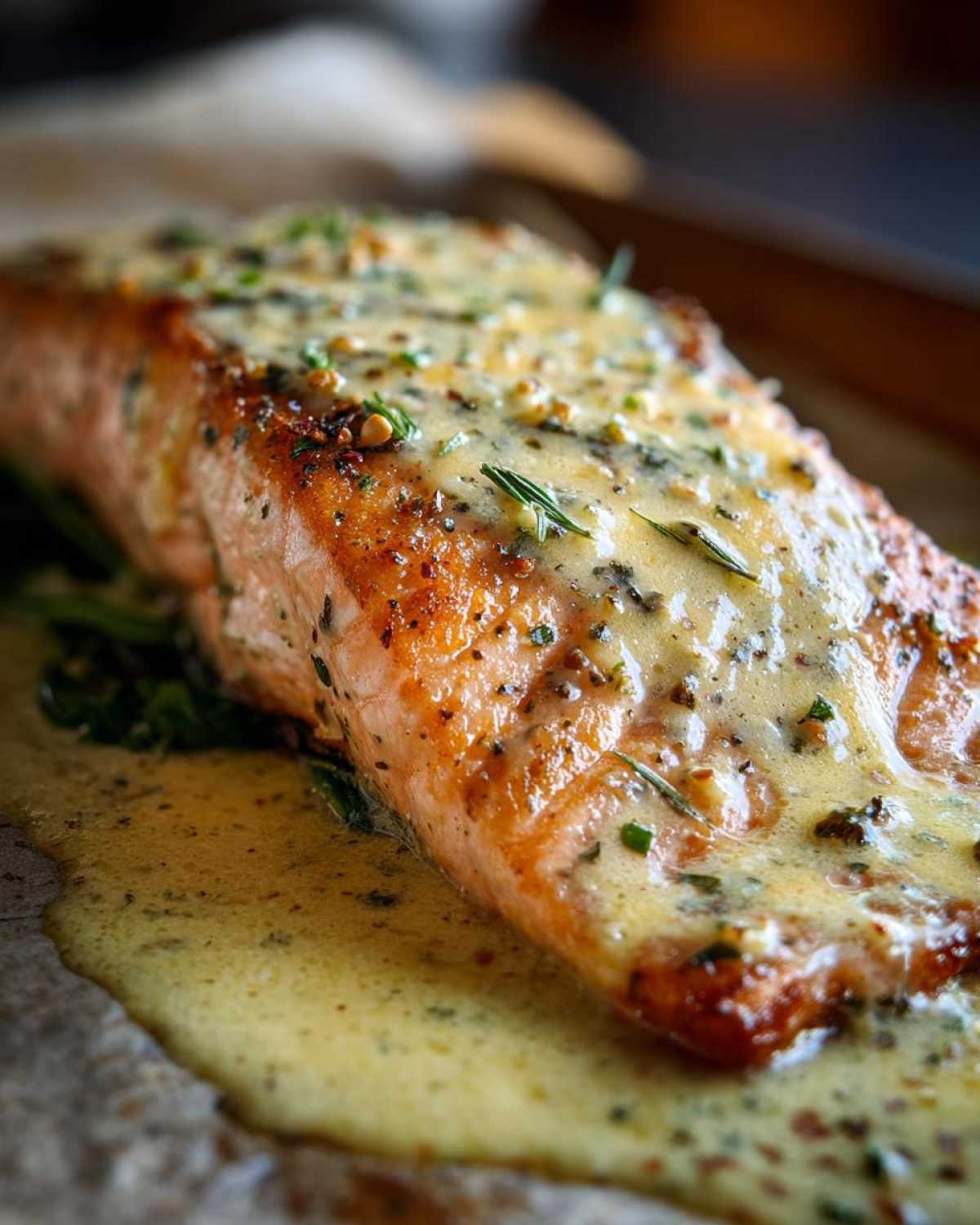 Close-up of a perfectly cooked salmon fillet topped with creamy garlic butter sauce and herbs, resting on spinach.