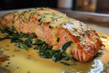 Close-up of One-Pan Creamy Garlic Butter Salmon resting on wilted spinach, covered in rich sauce.