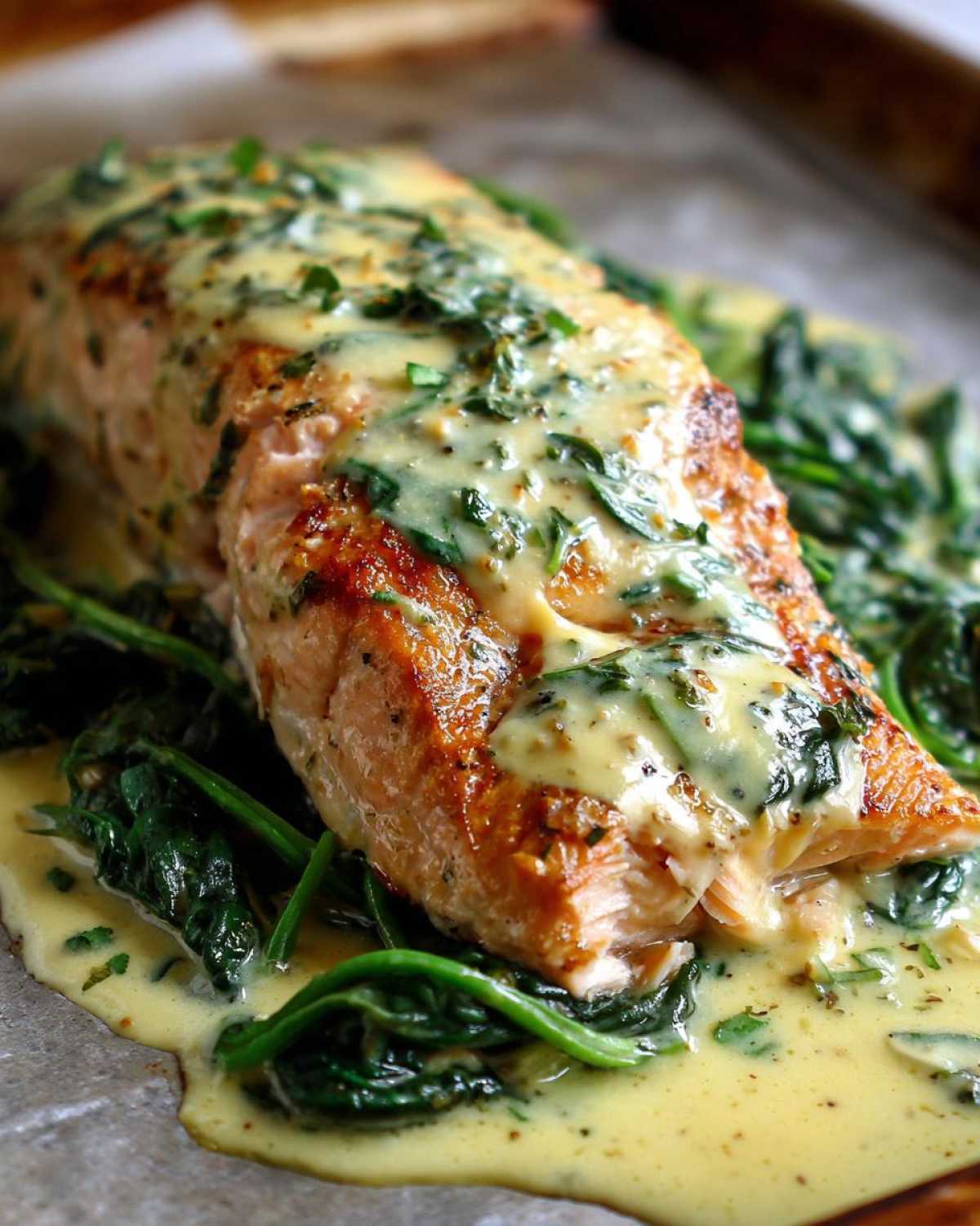Close-up of One-Pan Creamy Garlic Butter Salmon with Spinach covered in a rich, yellow sauce.