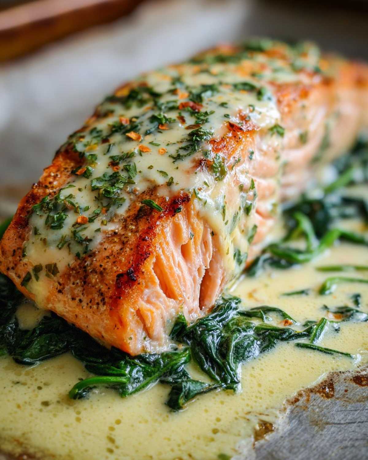 A perfectly cooked fillet of One-Pan Creamy Garlic Butter Salmon with Spinach, topped with creamy sauce and herbs.