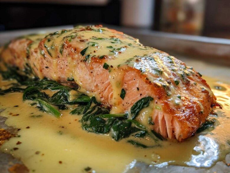 Close-up of One-Pan Creamy Garlic Butter Salmon resting on wilted spinach, covered in rich sauce.