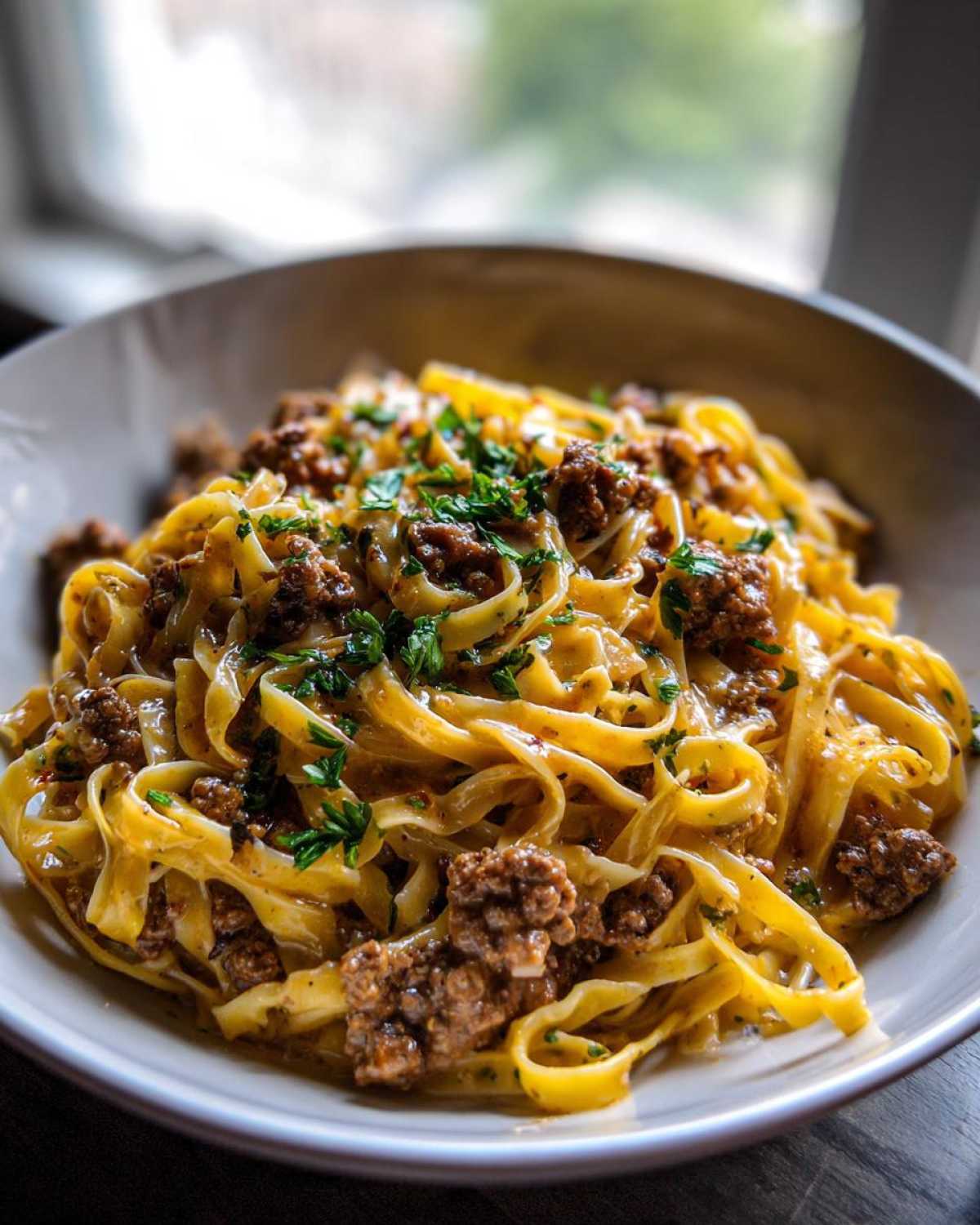 A close-up of One-Pot Creamy Garlic Butter Beef and Noodles featuring fettuccine coated in a rich sauce and topped with ground beef and parsley.