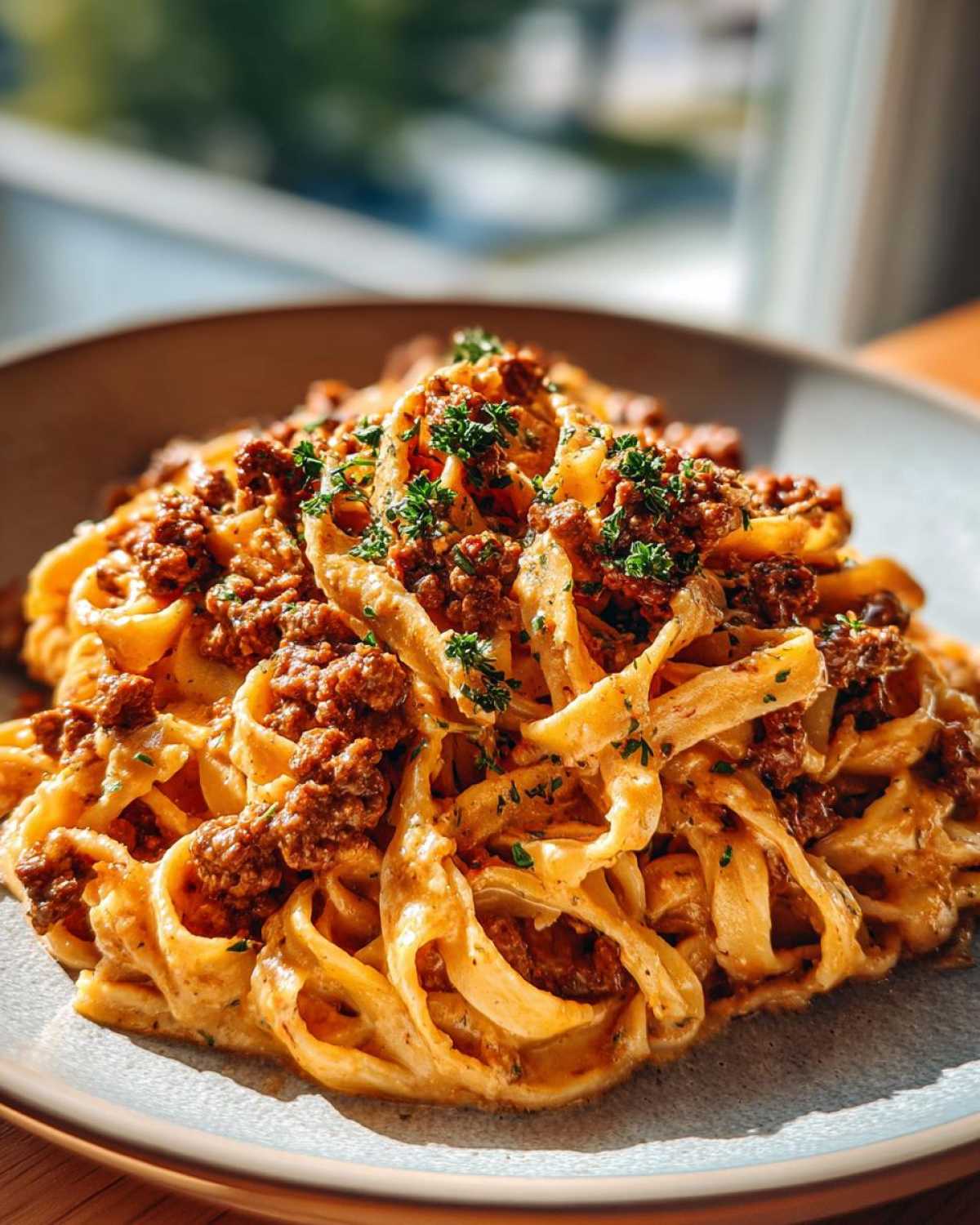 Close-up of rich One-Pot Creamy Garlic Butter Beef and Noodles topped with fresh parsley.