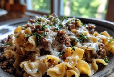 A close-up of One-Pot Creamy Garlic Butter Beef and Noodles topped with melted cheese and fresh parsley.