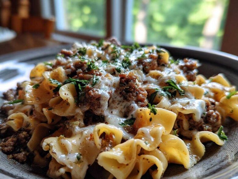 A close-up of One-Pot Creamy Garlic Butter Beef and Noodles topped with melted cheese and fresh parsley.