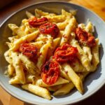 A close-up bowl of One-Pot Creamy Goat Cheese Pasta with roasted tomatoes and herbs.
