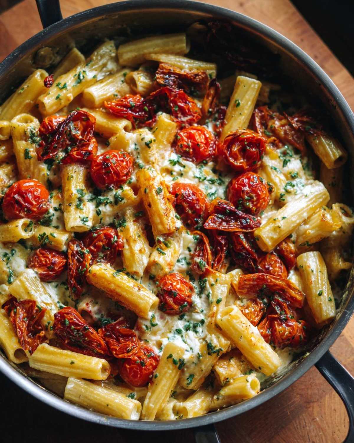 Close-up of One-Pot Creamy Goat Cheese Pasta with roasted cherry tomatoes and fresh herbs in a skillet.