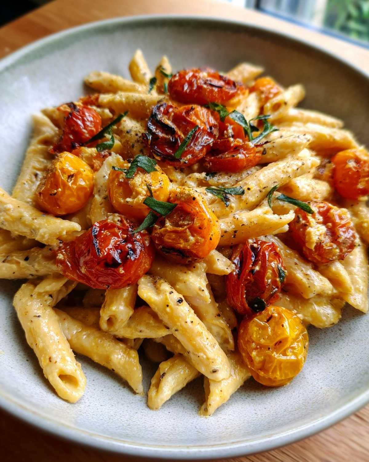 Close-up of One-Pot Creamy Goat Cheese Pasta with roasted red and yellow cherry tomatoes.