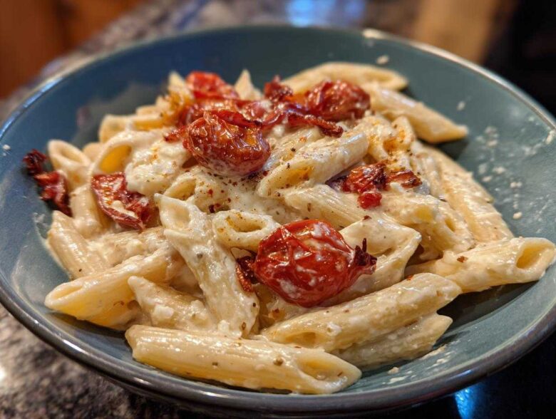 A close-up of One-Pot Creamy Goat Cheese Pasta with roasted tomatoes in a teal bowl.
