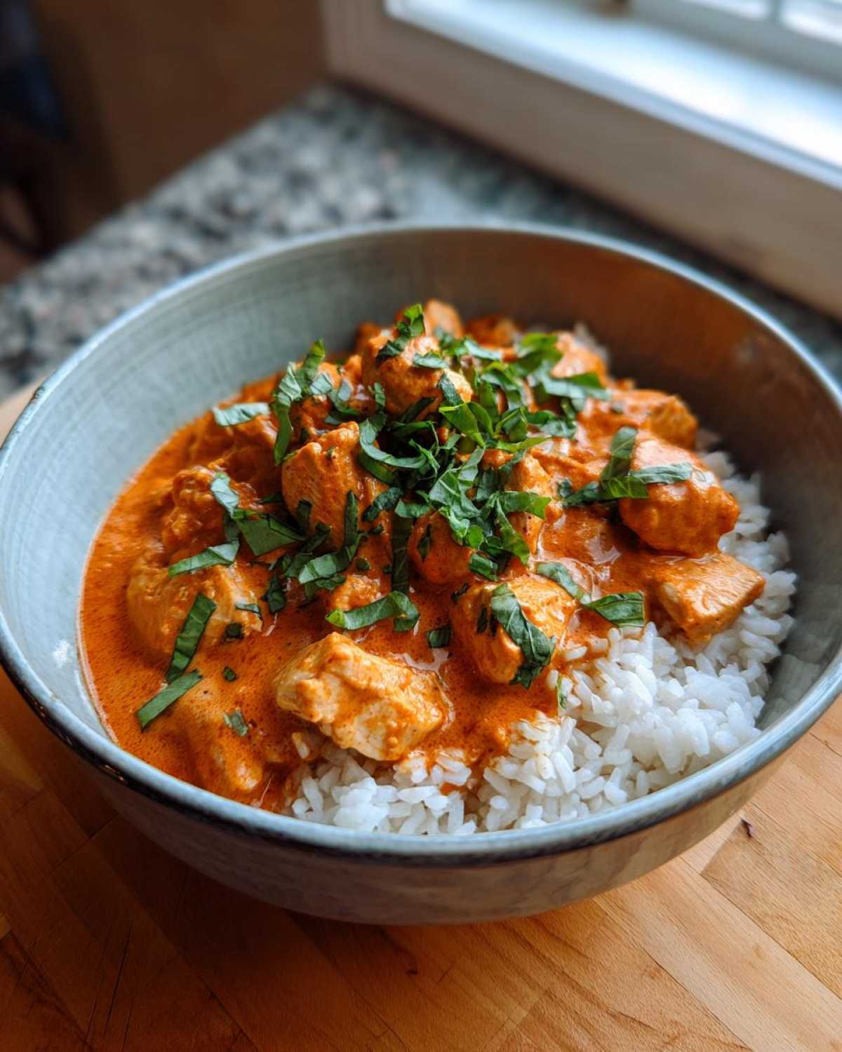 A close-up of One-Pot Creamy Tomato Basil Chicken and Rice served over white rice in a rustic bowl.