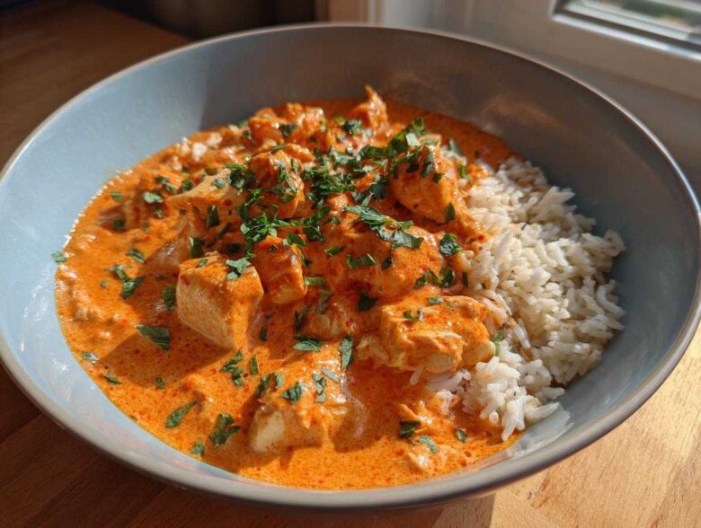 Close-up of One-Pot Creamy Tomato Basil Chicken and Rice served in a light blue bowl.