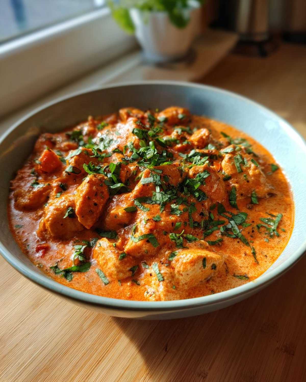 A close-up of One-Pot Creamy Tomato Basil Chicken and Rice, topped with fresh chopped basil.