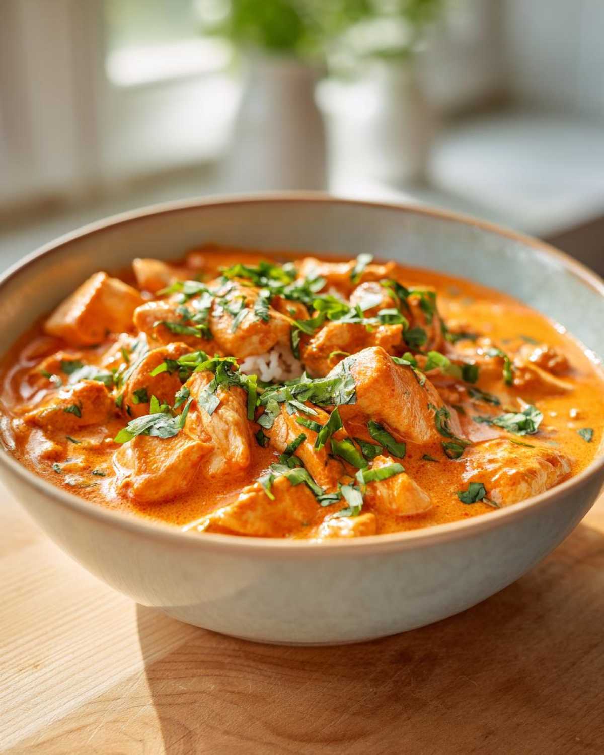 A bowl of One-Pot Creamy Tomato Basil Chicken and Rice topped with fresh basil.