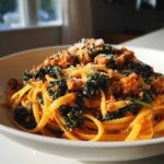 A close-up of a bowl of One-Pot Spicy Sausage and Kale Pasta topped with grated cheese.