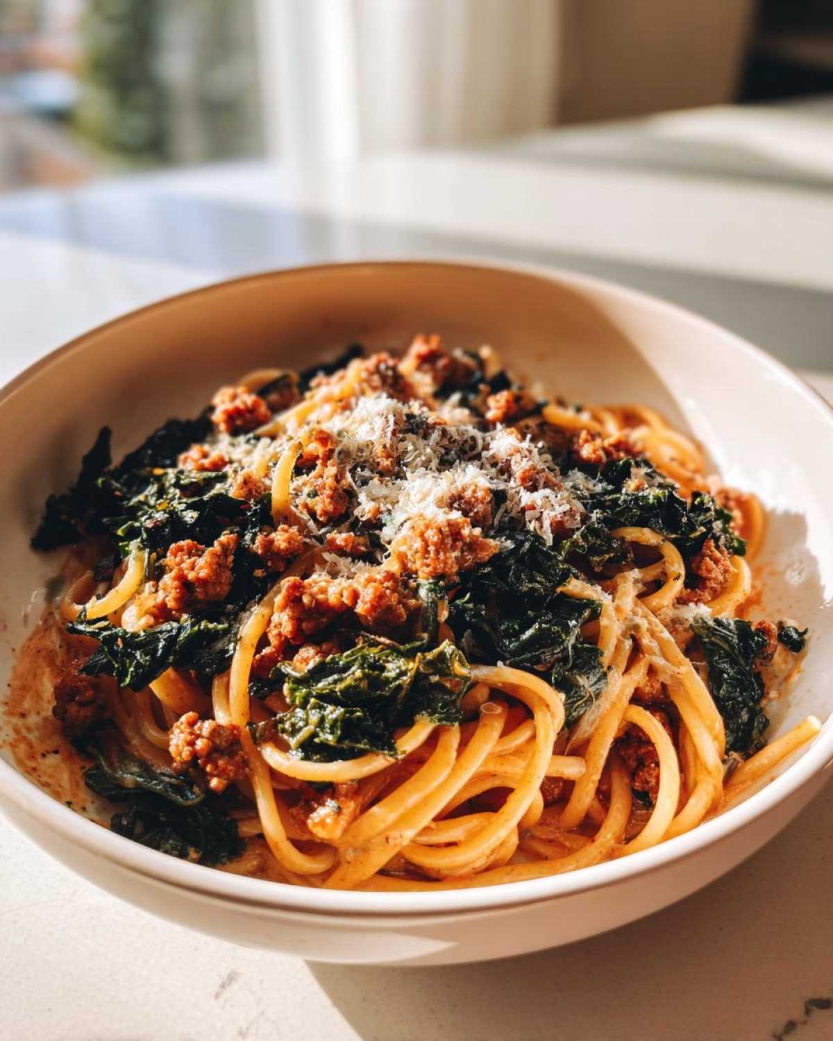 A close-up of One-Pot Spicy Sausage and Kale Pasta topped with grated cheese in a white bowl.