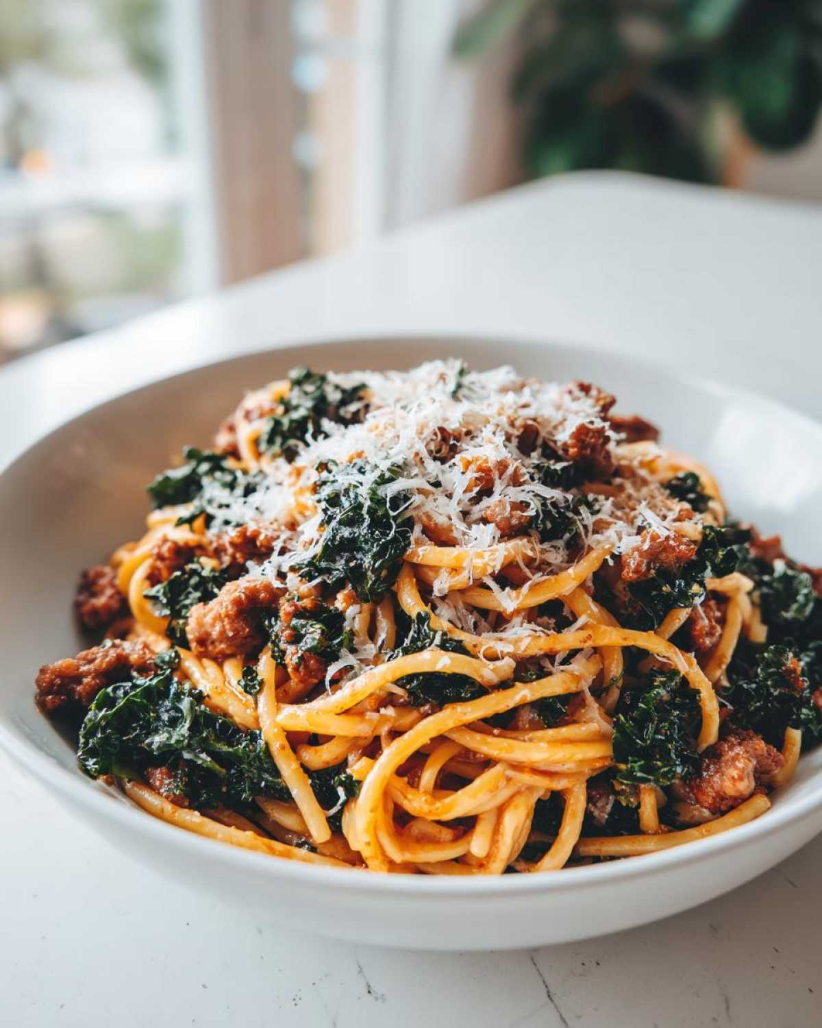 Close-up of One-Pot Spicy Sausage and Kale Pasta topped with grated Parmesan cheese in a white bowl.