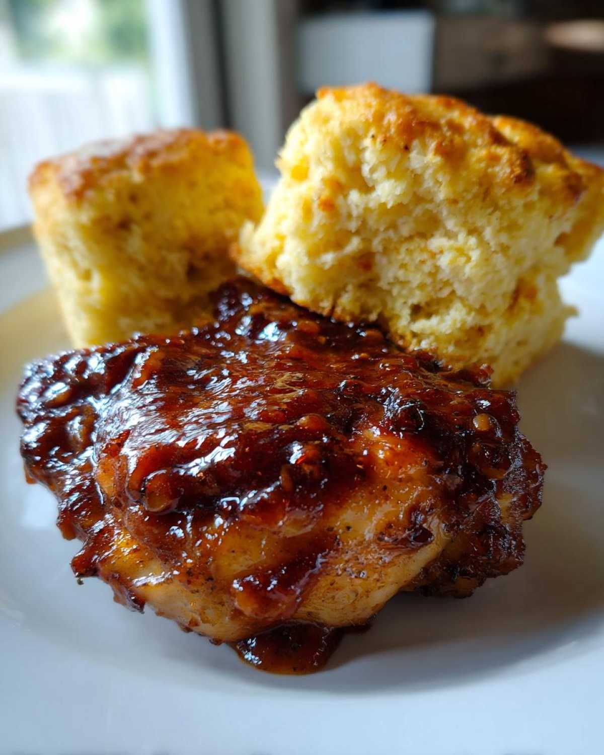 Close-up of a glazed BBQ chicken thigh served next to two fluffy cornbread biscuits.