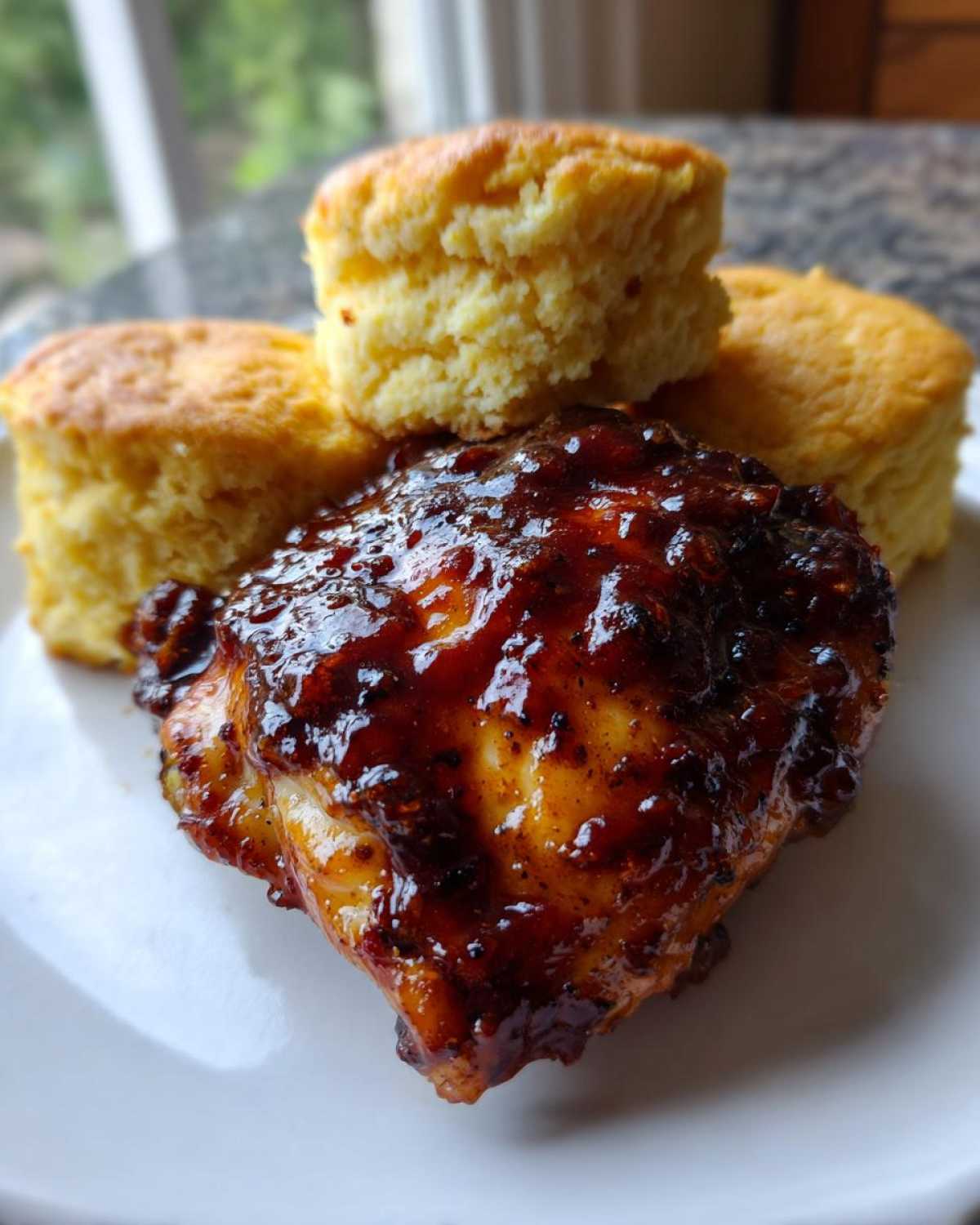 A close-up of a sticky, glazed Sheet Pan BBQ Chicken Thighs served next to three fluffy cornbread biscuits.
