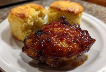 A glazed BBQ chicken thigh served next to two golden cornbread biscuits on a white plate.