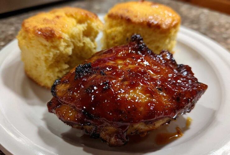 A glazed BBQ chicken thigh served next to two golden cornbread biscuits on a white plate.