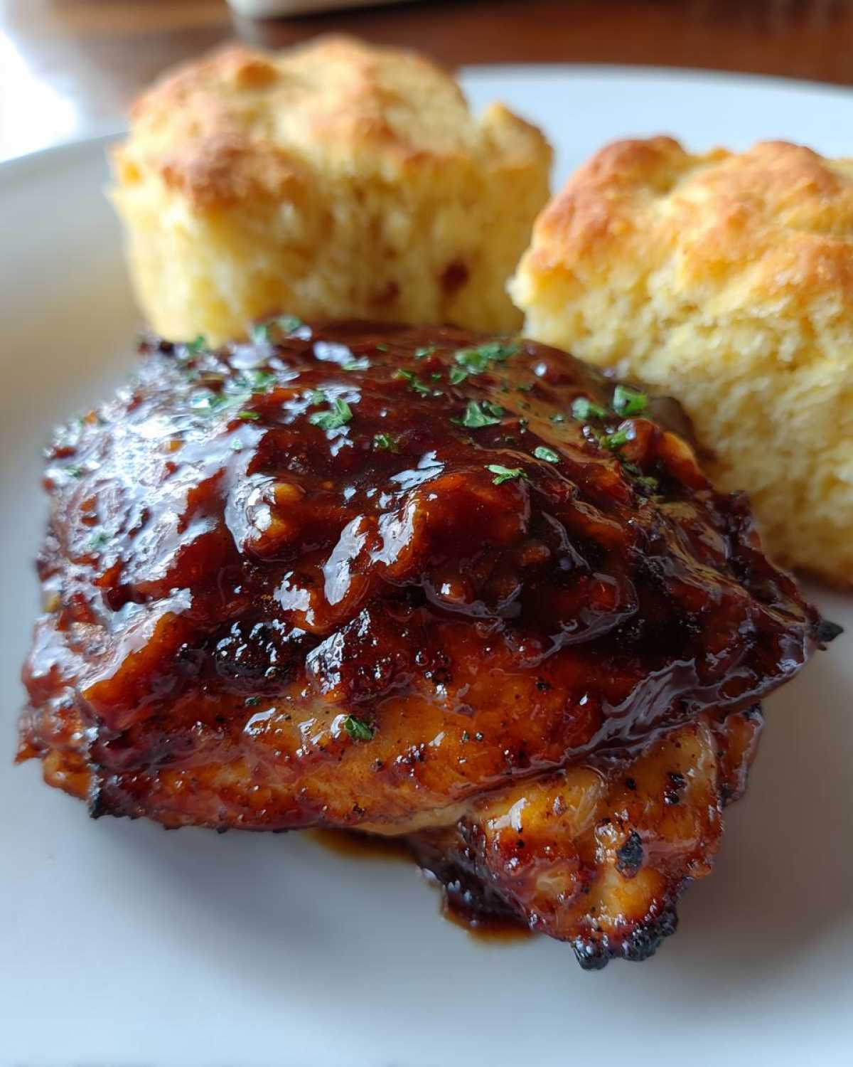 A close-up of a juicy Sheet Pan BBQ Chicken Thighs covered in glossy sauce, served next to two golden cornbread biscuits.