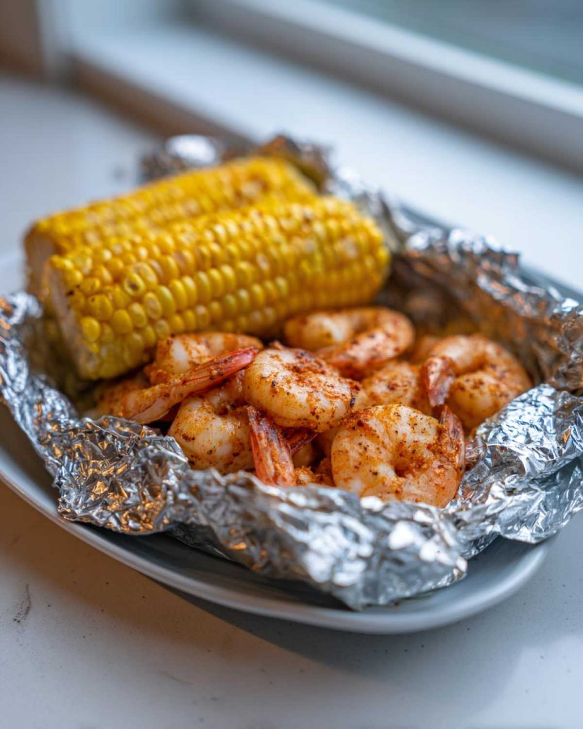 Close-up of cooked Cajun shrimp and corn on the cob served in an open foil packet.