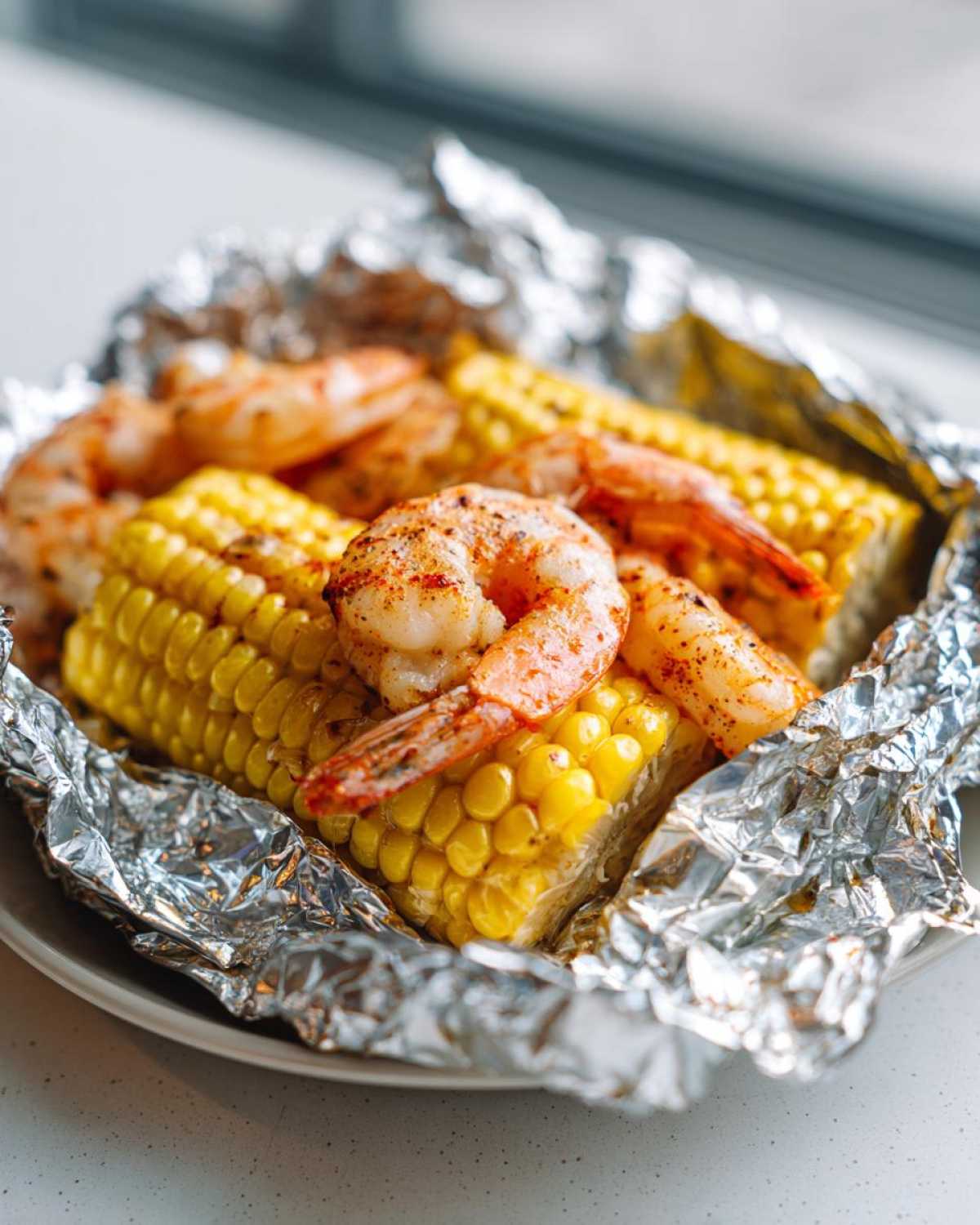 Close-up of cooked shrimp seasoned with Cajun spices resting on bright yellow corn on the cob inside a foil packet.