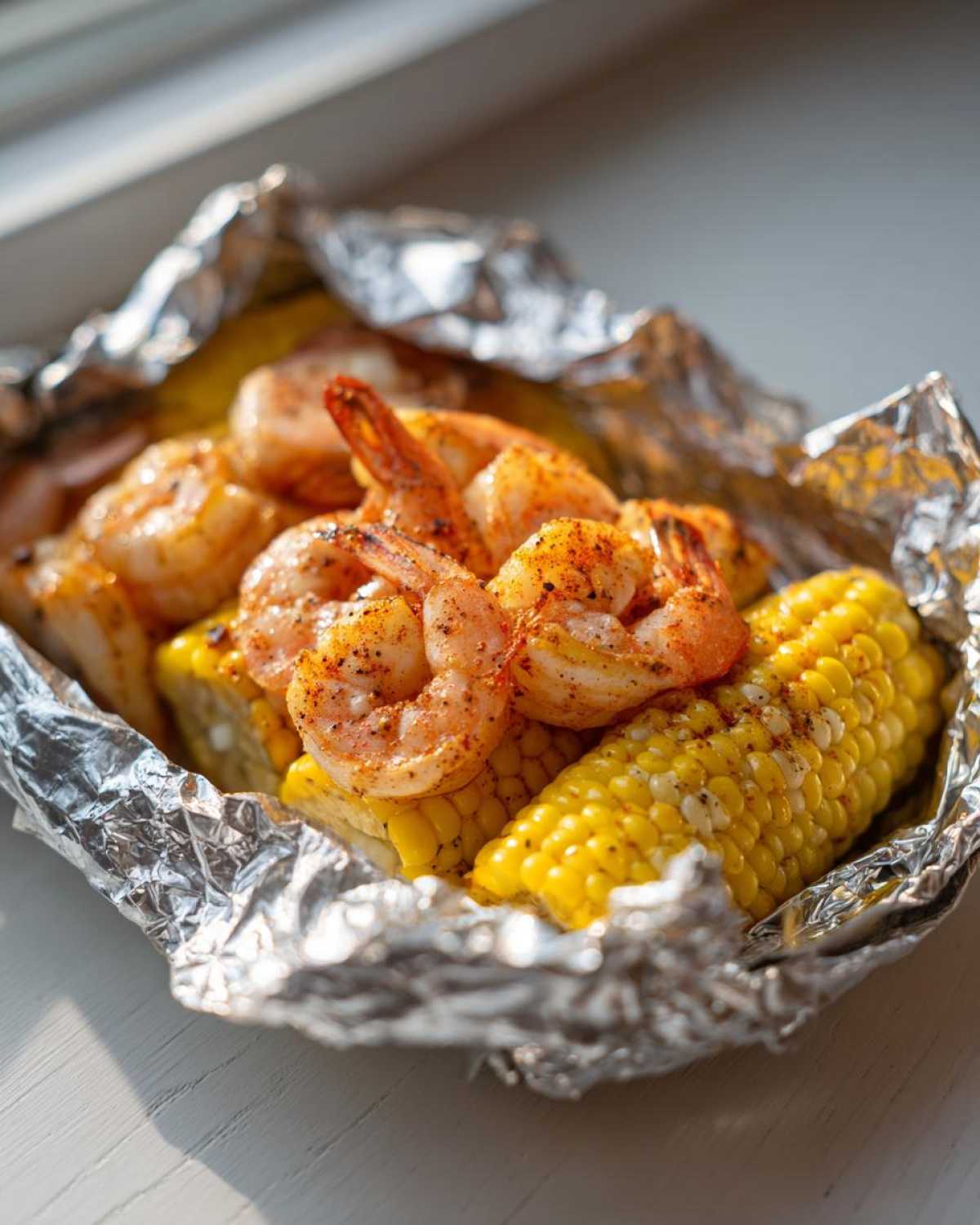 Close-up of cooked shrimp seasoned with Cajun spices resting on corn on the cob inside an opened foil packet.