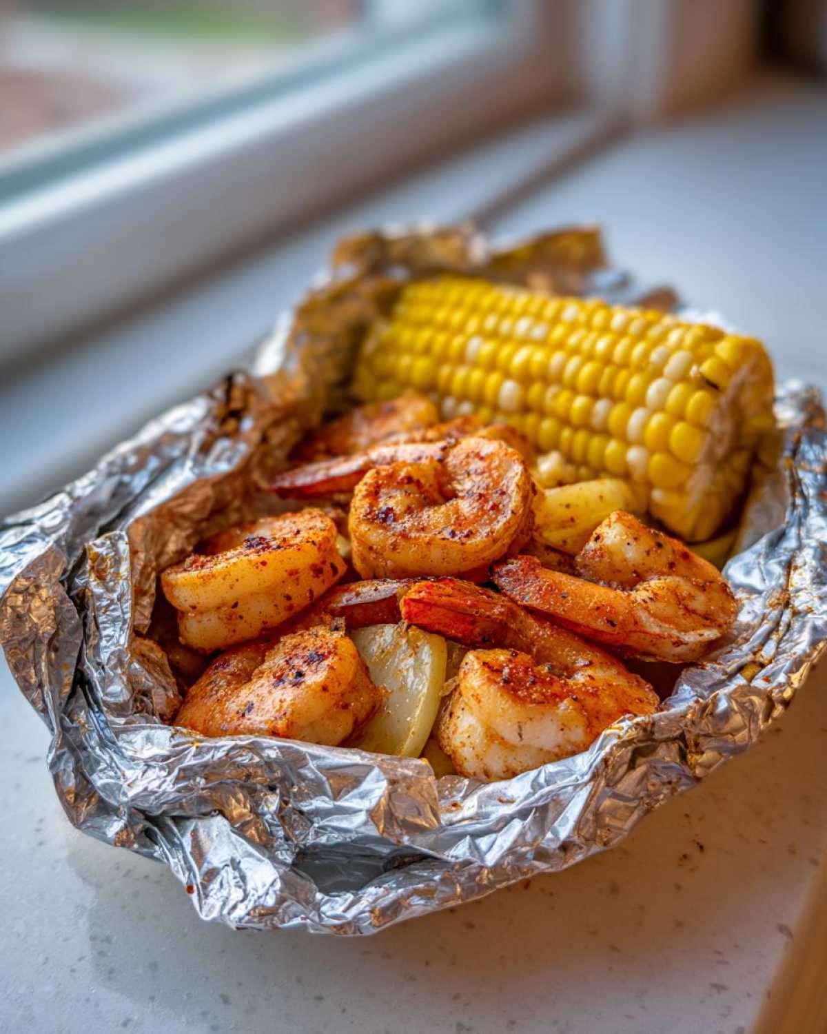 Seasoned shrimp and corn on the cob cooked inside a foil packet for Sheet Pan Cajun Shrimp and Corn Packets.