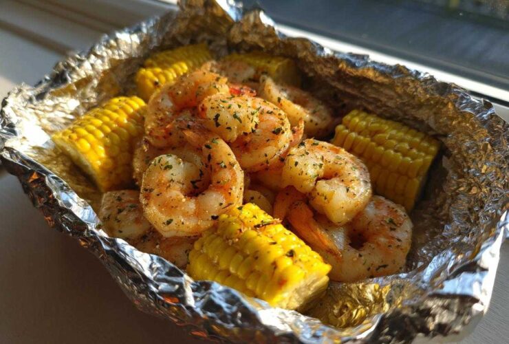 Close-up of seasoned shrimp and corn on the cob pieces cooked inside a shiny aluminum foil packet.