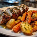 Close-up of sliced Sheet Pan Garlic Herb Pork Tenderloin served with roasted carrots and small potatoes.