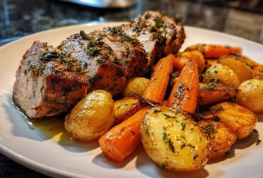 Close-up of sliced Sheet Pan Garlic Herb Pork Tenderloin served with roasted carrots and small potatoes.