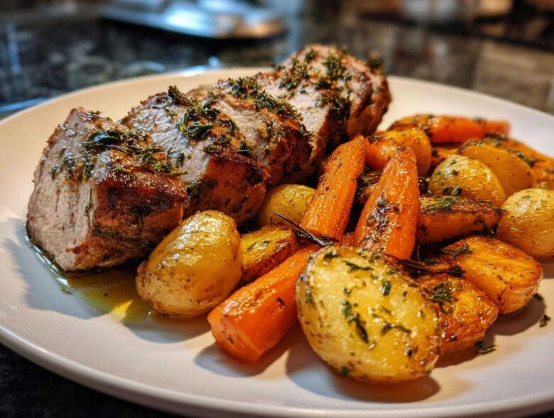 Close-up of sliced Sheet Pan Garlic Herb Pork Tenderloin served with roasted carrots and small potatoes.