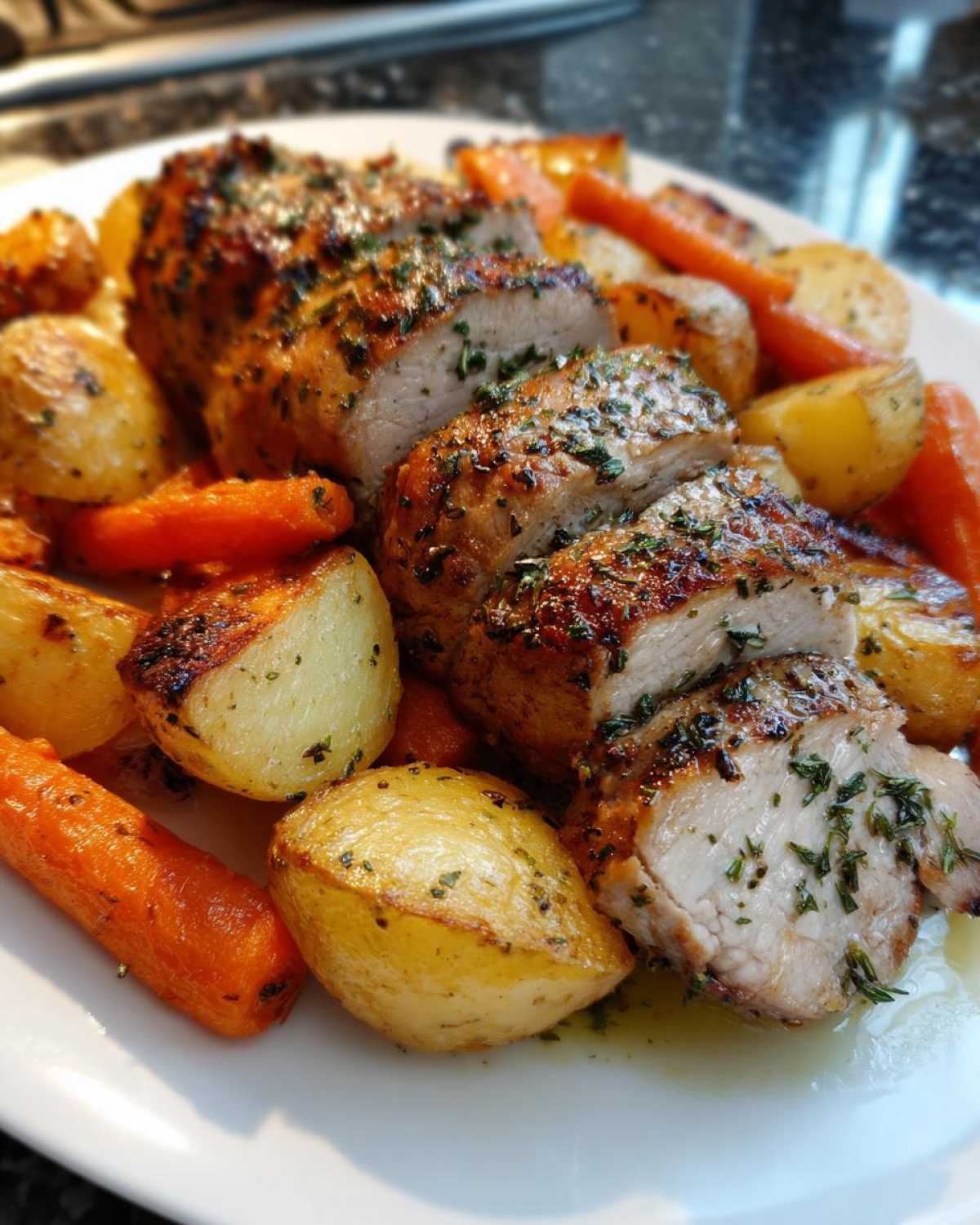 Close-up of sliced Sheet Pan Garlic Herb Pork Tenderloin with roasted carrots and potatoes.