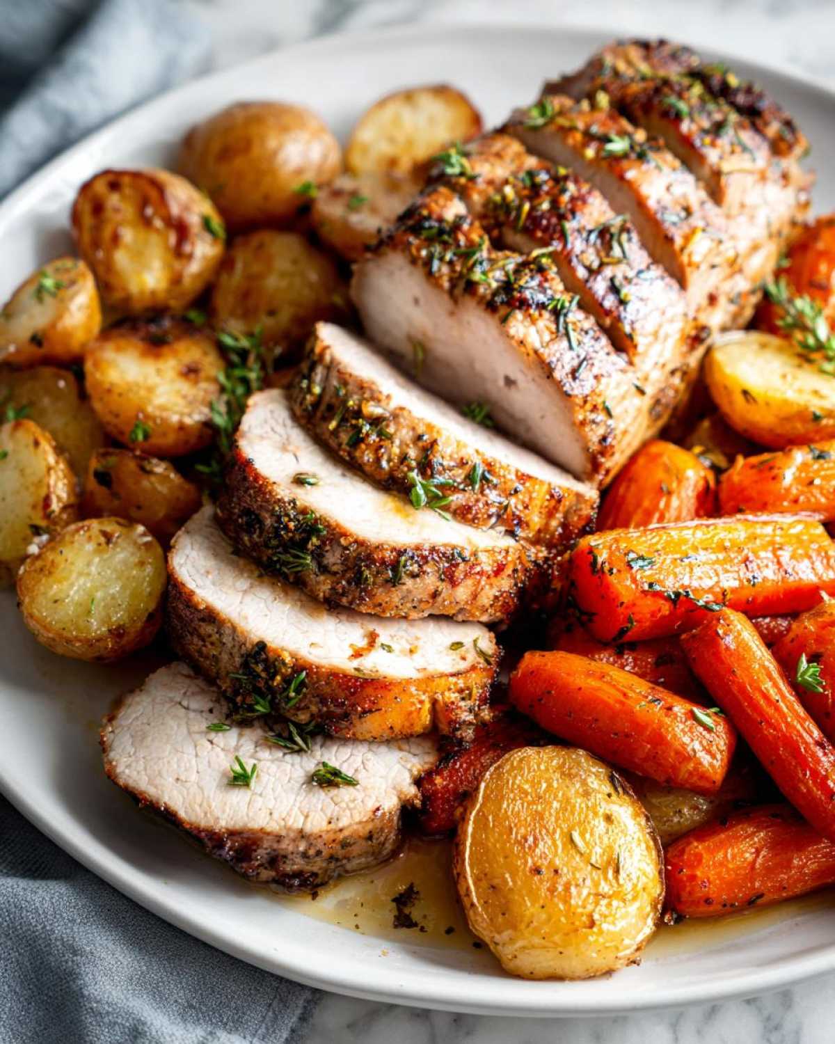 Slices of juicy Sheet Pan Garlic Herb Pork Tenderloin served with roasted carrots and potatoes on a white plate.