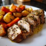 Close-up of sliced Sheet Pan Garlic Herb Pork Tenderloin served with roasted carrots and potatoes.