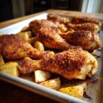 Close-up of crispy Sheet Pan Garlic Parmesan Chicken Drumsticks with Potatoes on a baking sheet.