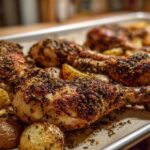 Close-up of crispy Sheet Pan Garlic Parmesan Chicken Drumsticks with Potatoes fresh from the oven.