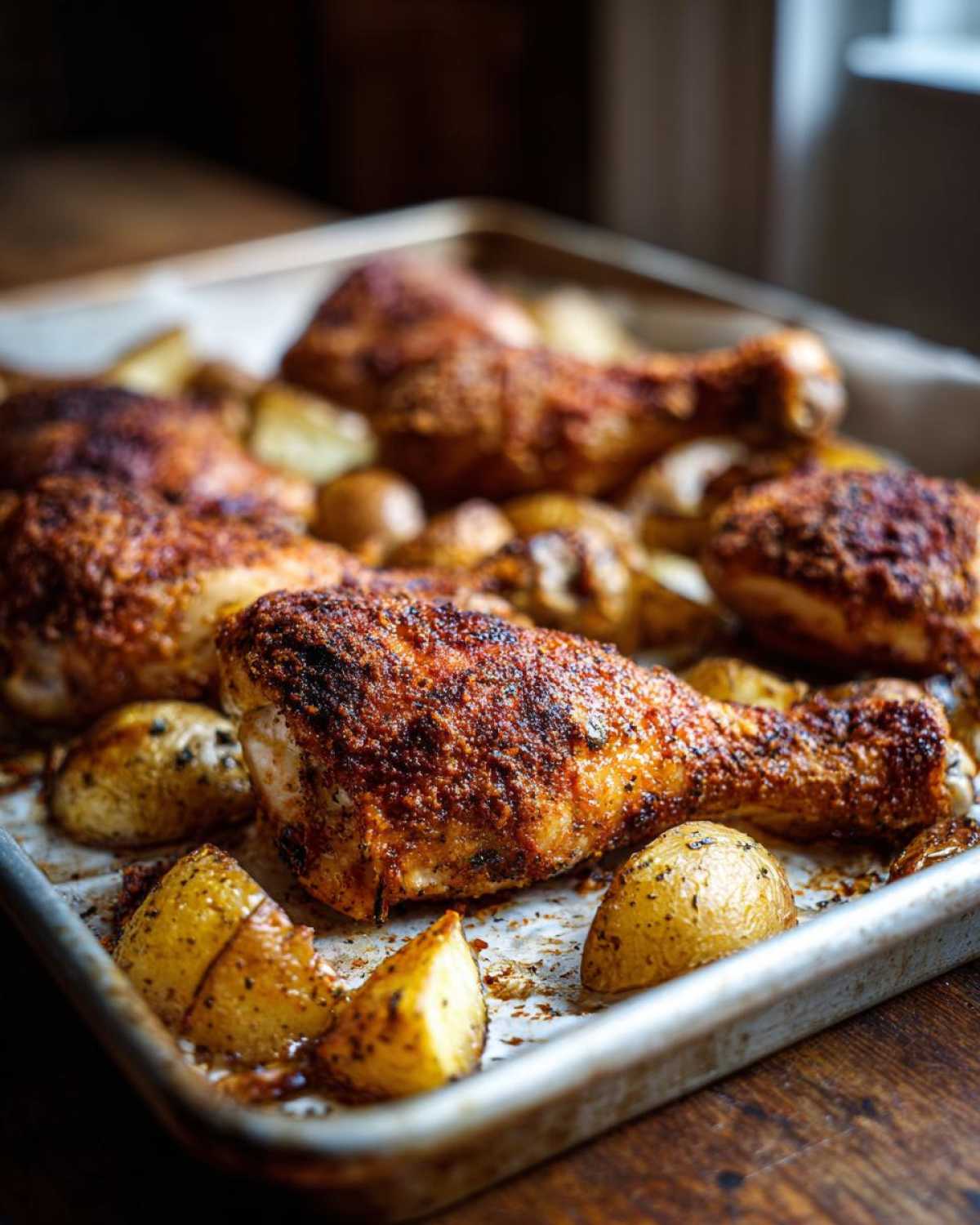 Close-up of crispy Sheet Pan Garlic Parmesan Chicken Drumsticks with roasted potatoes on a baking sheet.