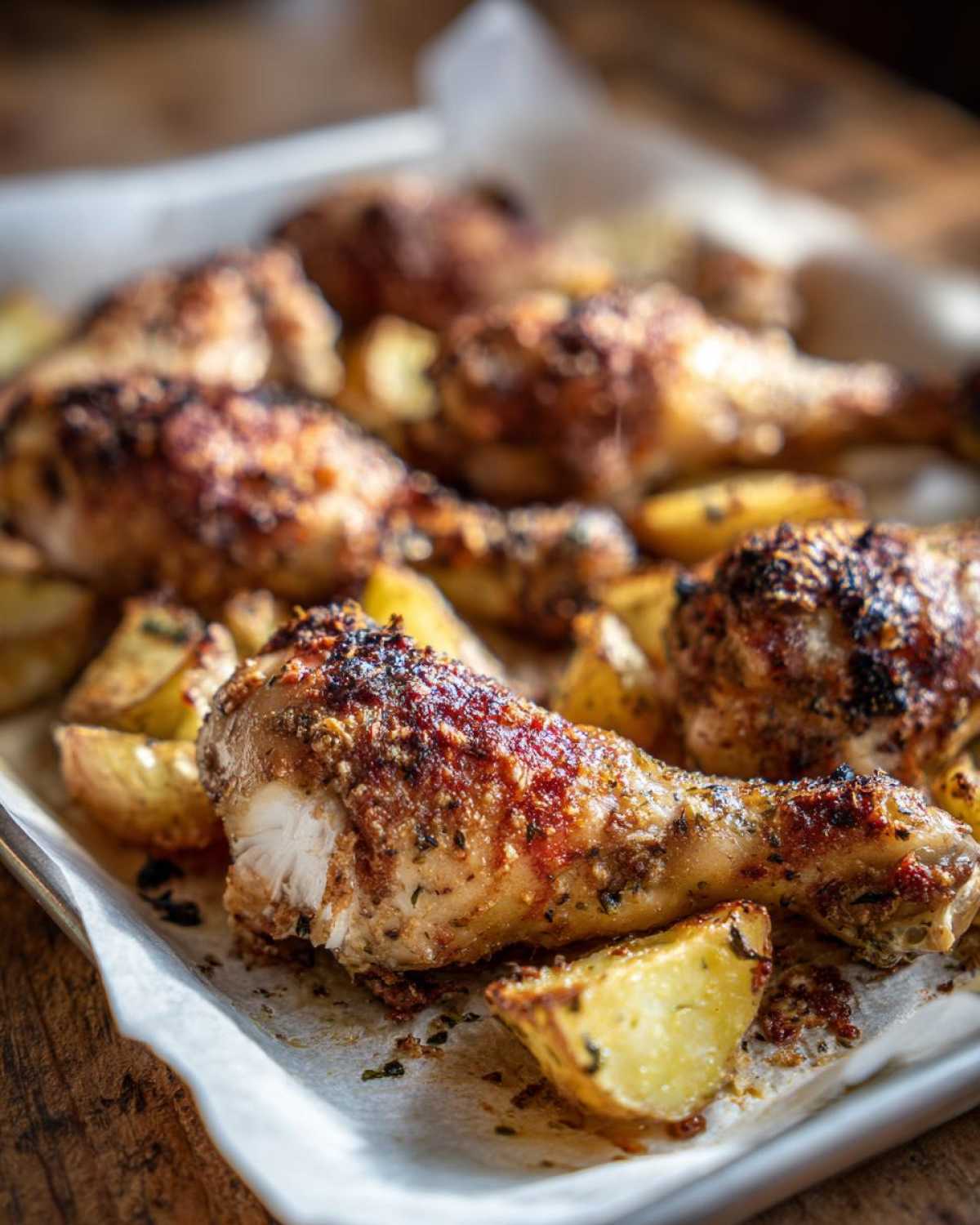 Close-up of crispy Sheet Pan Garlic Parmesan Chicken Drumsticks with Potatoes fresh from the oven.