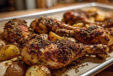 Close-up of crispy Sheet Pan Garlic Parmesan Chicken Drumsticks with Potatoes fresh from the oven.