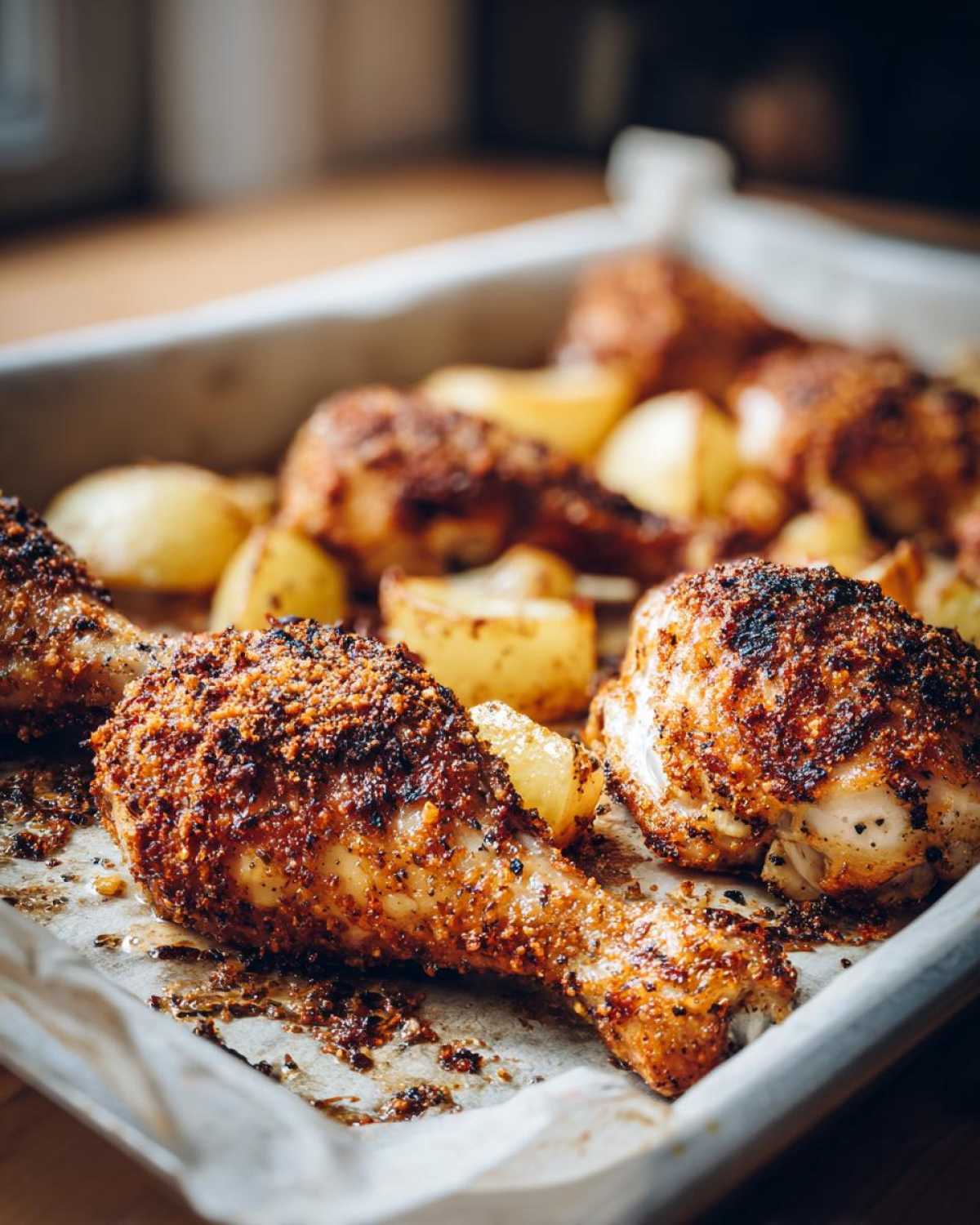 Close-up of crispy Sheet Pan Garlic Parmesan Chicken Drumsticks with roasted potatoes in a baking tray.