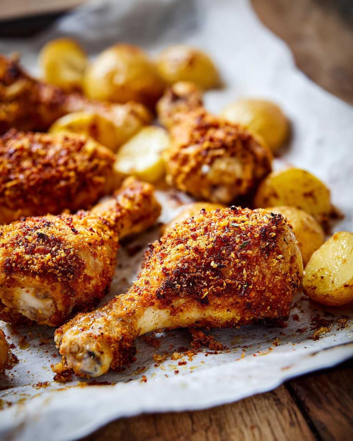 Close-up of crispy, golden Sheet Pan Garlic Parmesan Chicken Drumsticks with roasted potatoes.